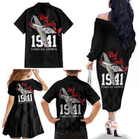 Tuskegee Airmen Red Tails Family Matching Off The Shoulder Long Sleeve Dress and Hawaiian Shirt African American Pilots Heritage Black Style - Wonder Print Shop