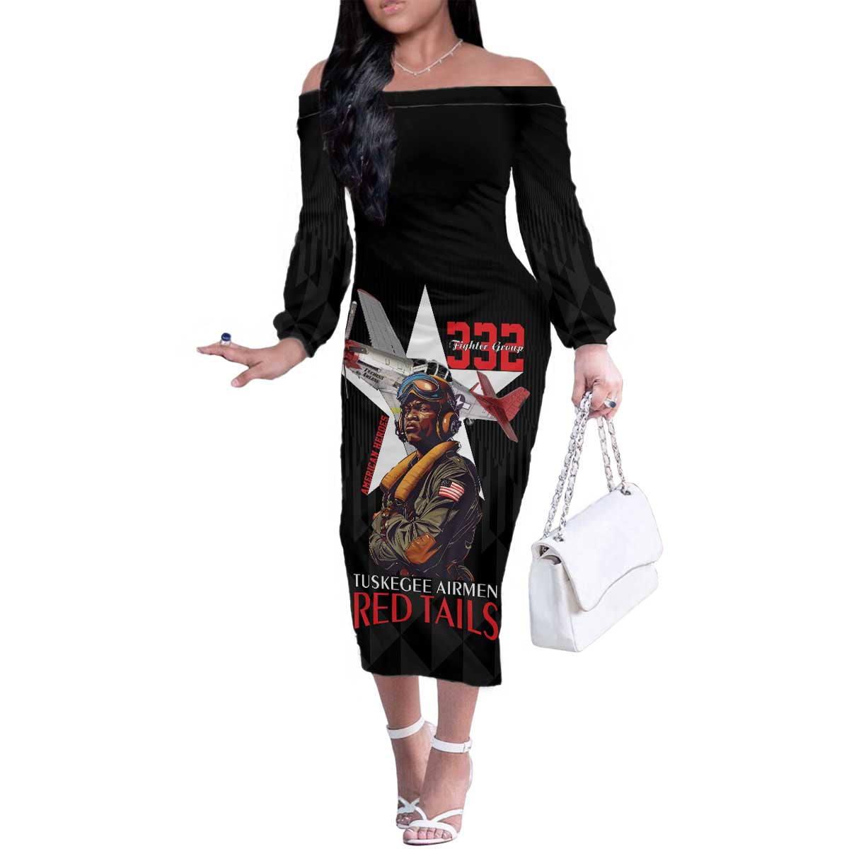Tuskegee Airmen Red Tails Family Matching Off The Shoulder Long Sleeve Dress and Hawaiian Shirt African American Pilots Heritage Black Style - Wonder Print Shop
