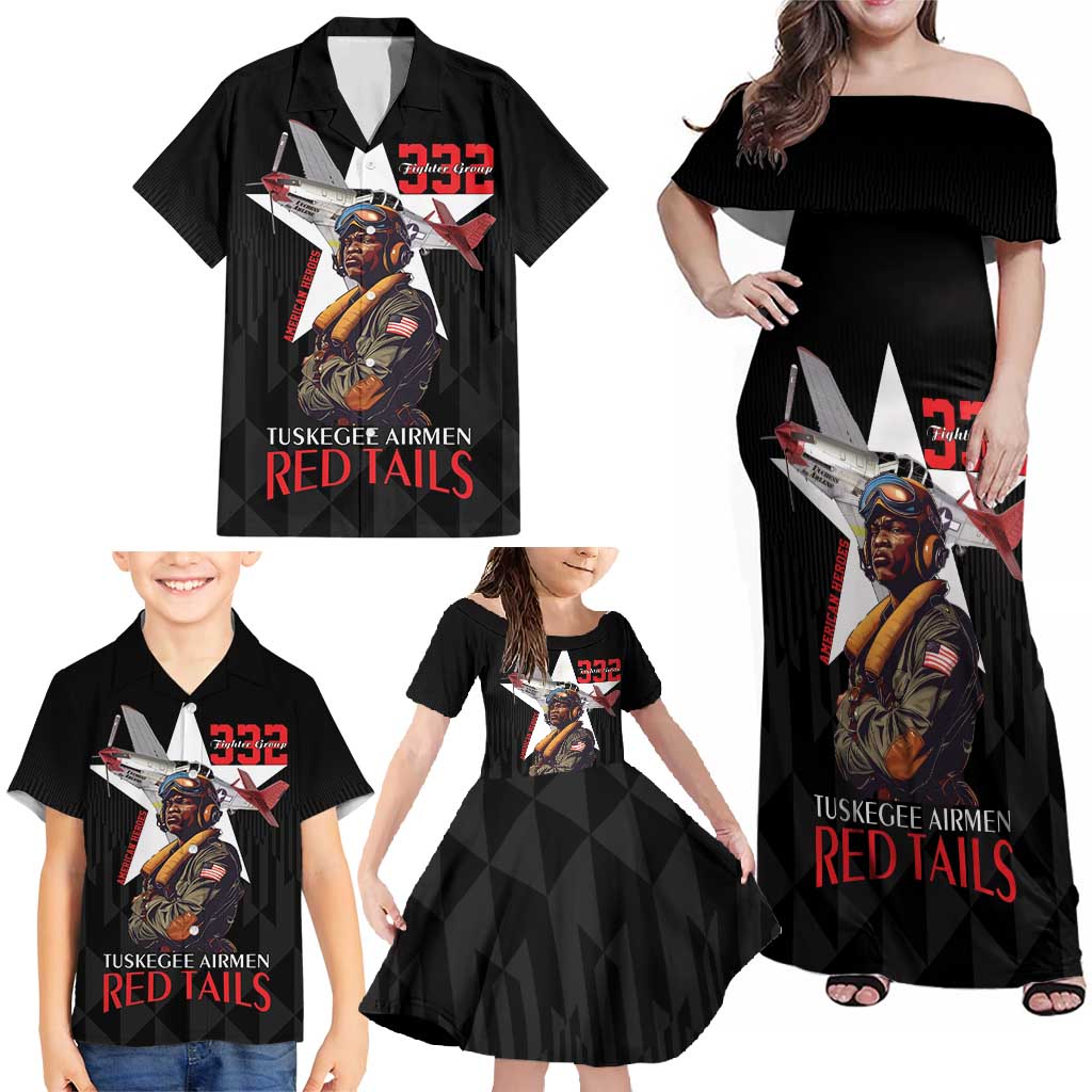 Tuskegee Airmen Red Tails Family Matching Off Shoulder Maxi Dress and Hawaiian Shirt African American Pilots Heritage Black Style - Wonder Print Shop