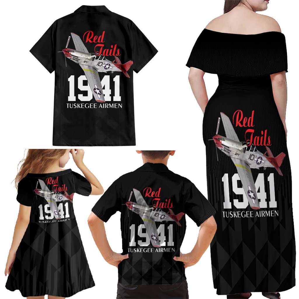 Tuskegee Airmen Red Tails Family Matching Off Shoulder Maxi Dress and Hawaiian Shirt African American Pilots Heritage Black Style - Wonder Print Shop