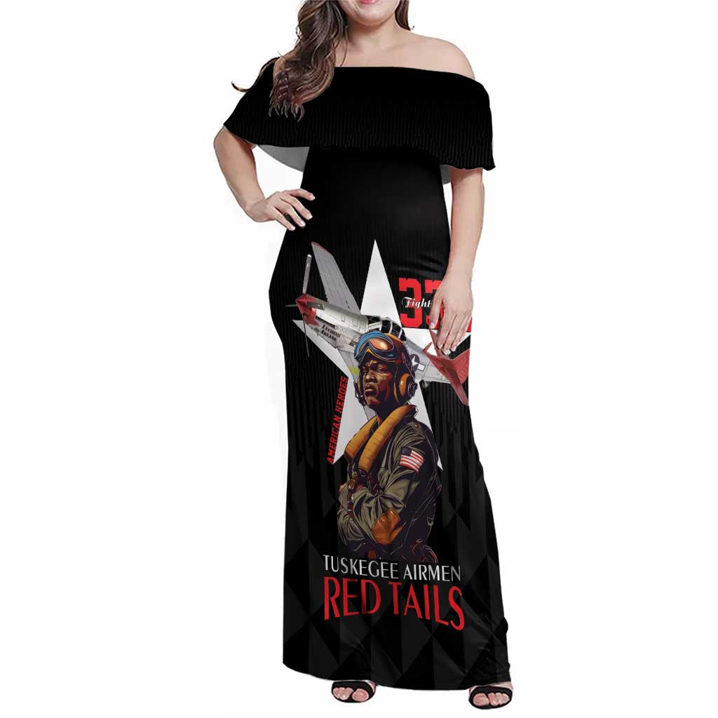 Tuskegee Airmen Red Tails Family Matching Off Shoulder Maxi Dress and Hawaiian Shirt African American Pilots Heritage Black Style - Wonder Print Shop