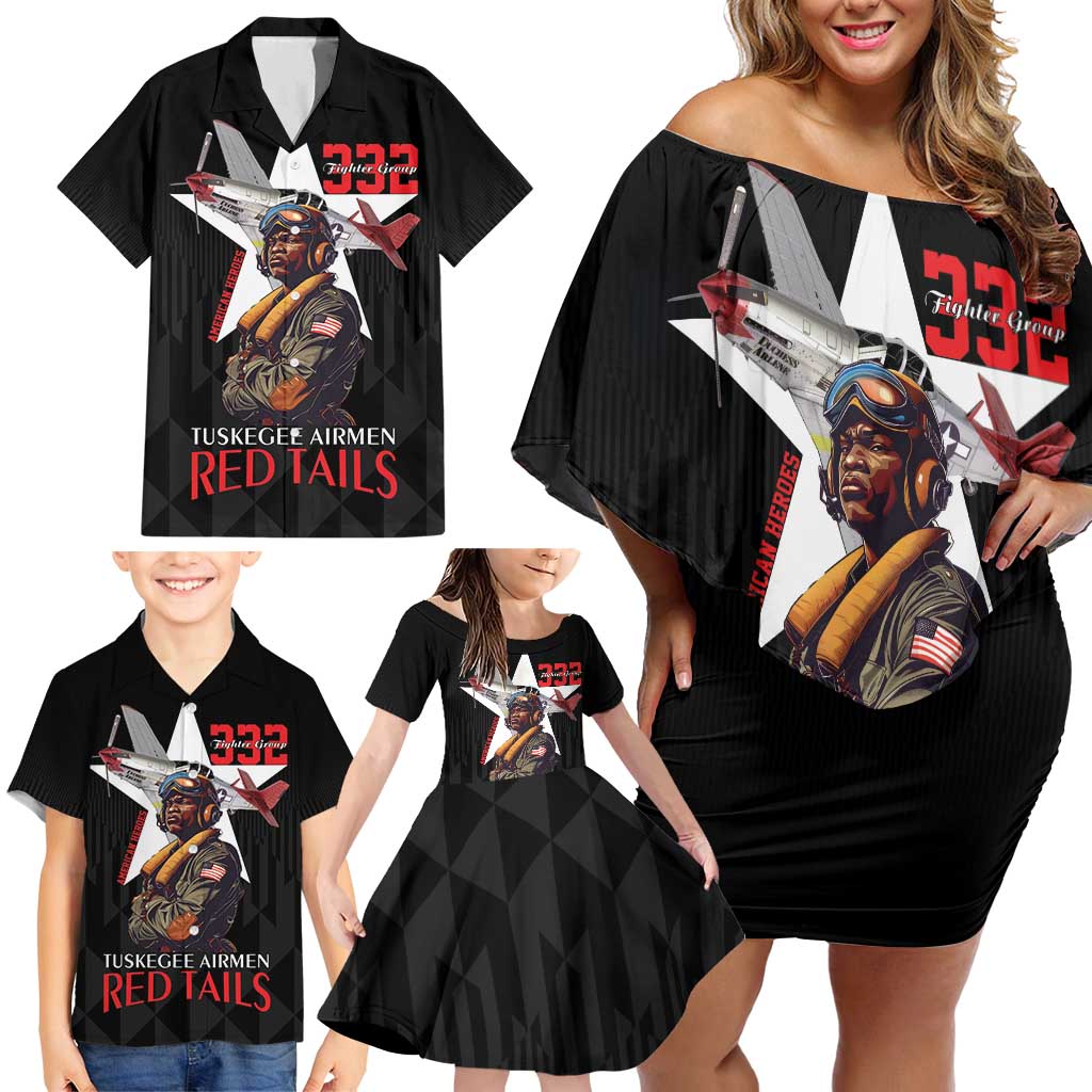 Tuskegee Airmen Red Tails Family Matching Off Shoulder Short Dress and Hawaiian Shirt African American Pilots Heritage Black Style - Wonder Print Shop