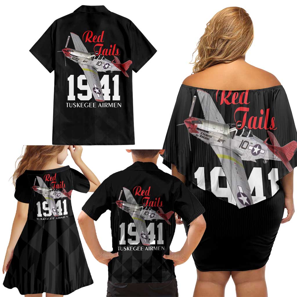 Tuskegee Airmen Red Tails Family Matching Off Shoulder Short Dress and Hawaiian Shirt African American Pilots Heritage Black Style - Wonder Print Shop