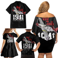 Tuskegee Airmen Red Tails Family Matching Off Shoulder Short Dress and Hawaiian Shirt African American Pilots Heritage Black Style - Wonder Print Shop