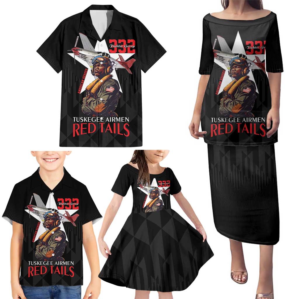 Tuskegee Airmen Red Tails Family Matching Puletasi and Hawaiian Shirt African American Pilots Heritage Black Style - Wonder Print Shop
