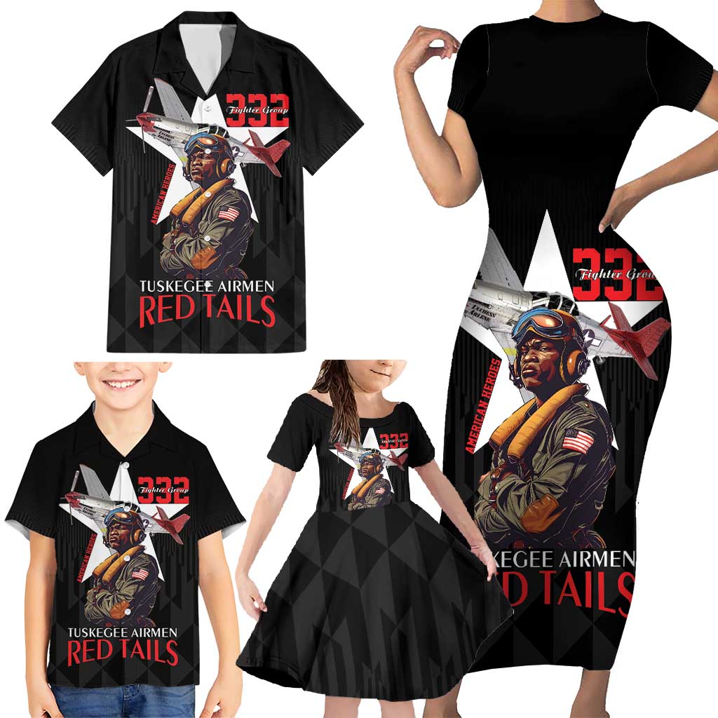 Tuskegee Airmen Red Tails Family Matching Short Sleeve Bodycon Dress and Hawaiian Shirt African American Pilots Heritage Black Style - Wonder Print Shop
