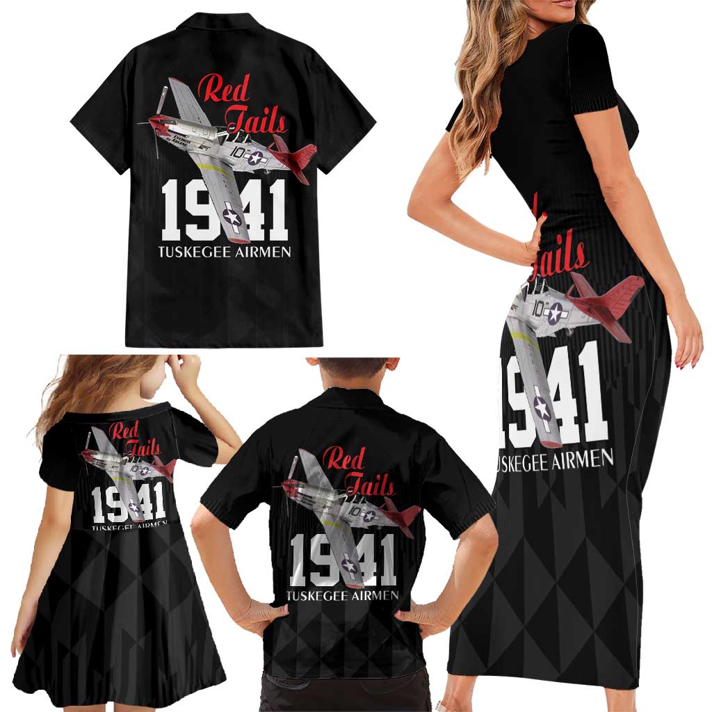 Tuskegee Airmen Red Tails Family Matching Short Sleeve Bodycon Dress and Hawaiian Shirt African American Pilots Heritage Black Style - Wonder Print Shop