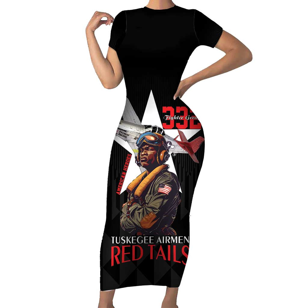Tuskegee Airmen Red Tails Family Matching Short Sleeve Bodycon Dress and Hawaiian Shirt African American Pilots Heritage Black Style - Wonder Print Shop