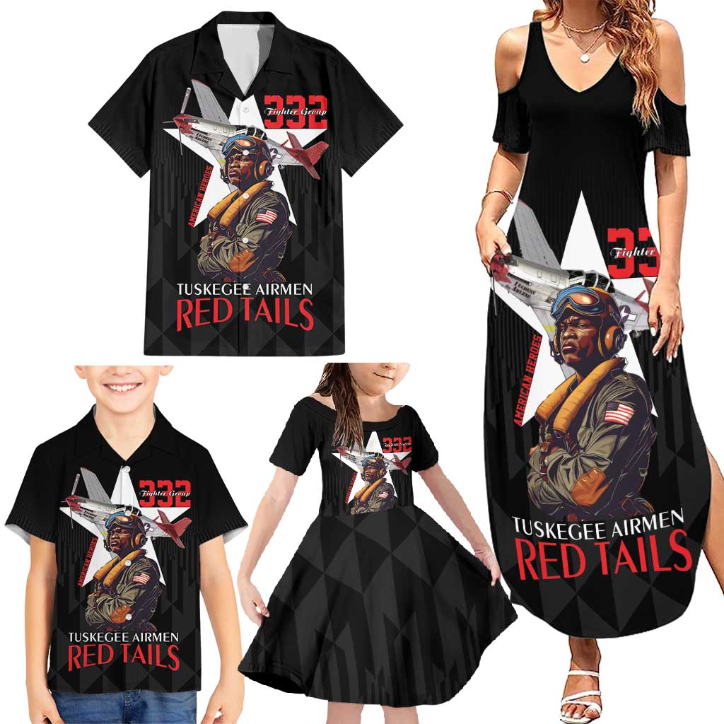 Tuskegee Airmen Red Tails Family Matching Summer Maxi Dress and Hawaiian Shirt African American Pilots Heritage Black Style - Wonder Print Shop