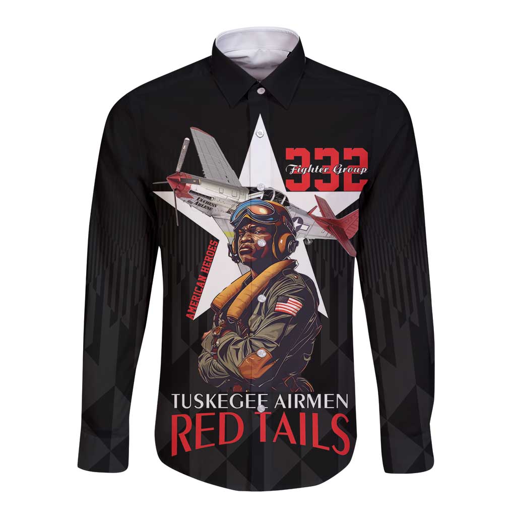 Tuskegee Airmen Red Tails Long Sleeve Button Shirt African American Pilots Heritage Black Style - Wonder Print Shop