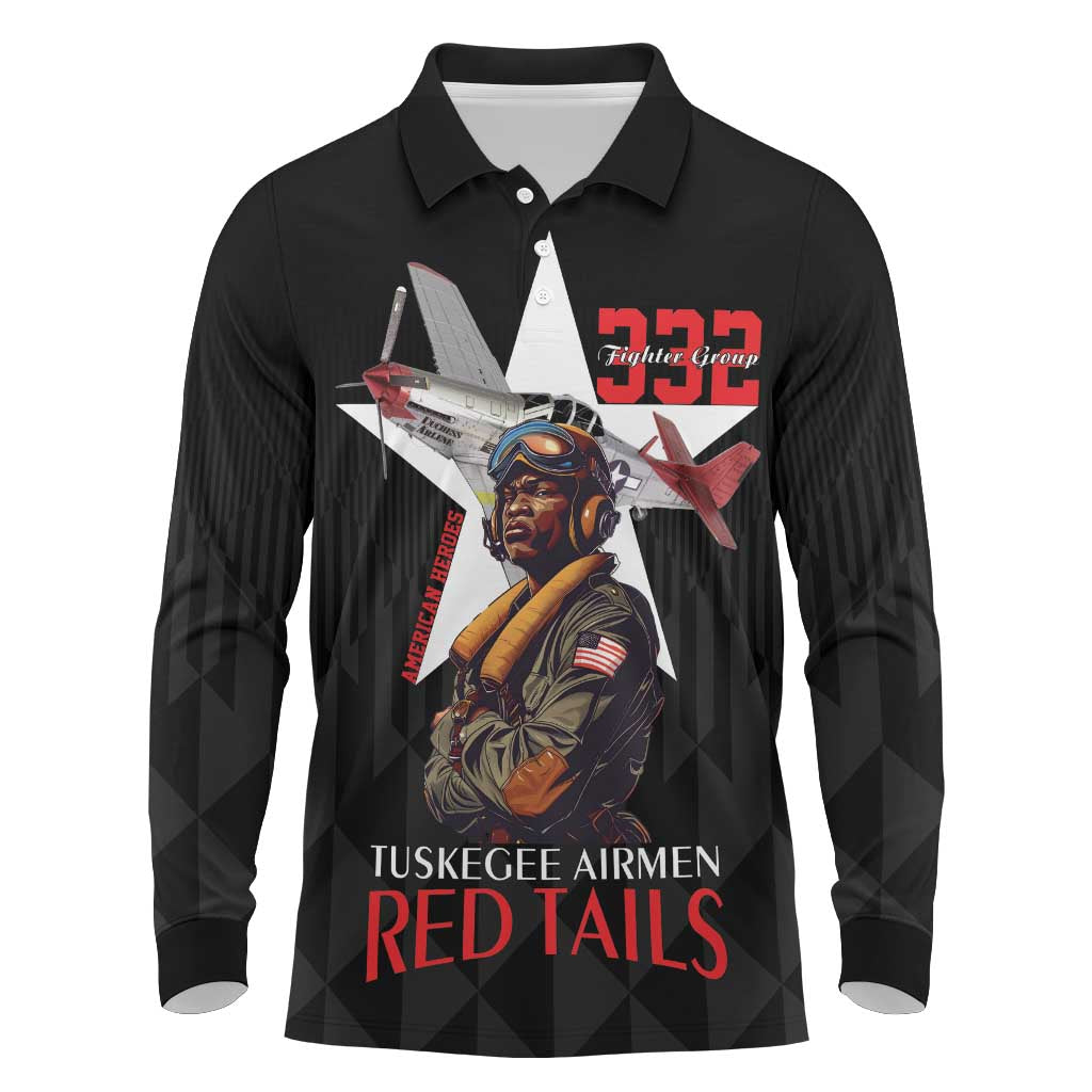 Tuskegee Airmen Red Tails Long Sleeve Polo Shirt African American Pilots Heritage Black Style - Wonder Print Shop
