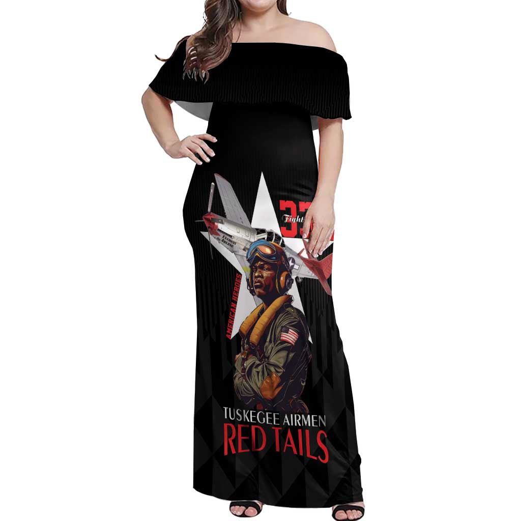 Tuskegee Airmen Red Tails Off Shoulder Maxi Dress African American Pilots Heritage Black Style - Wonder Print Shop