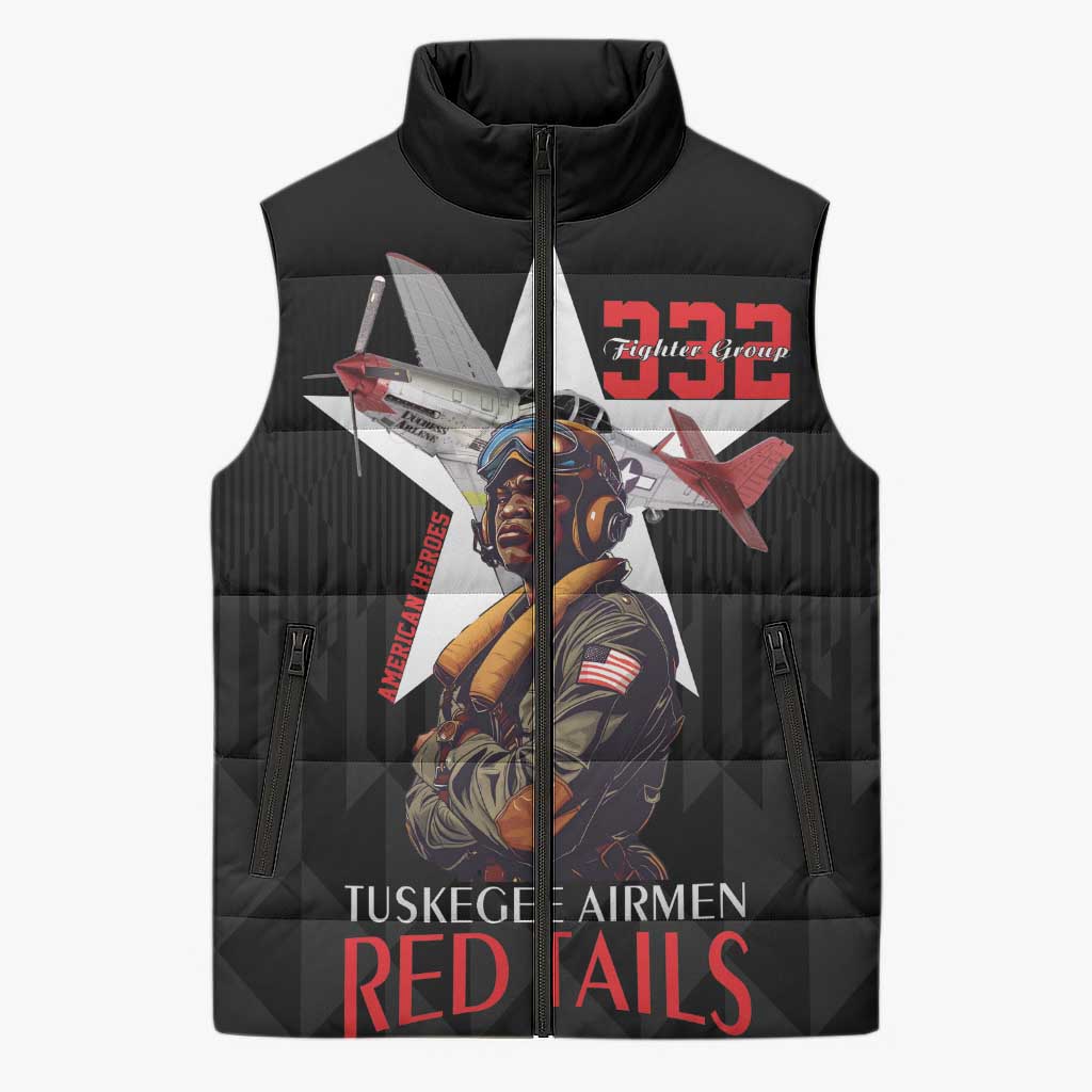 Tuskegee Airmen Red Tails Sleeveless Puffer Jacket African American Pilots Heritage Black Style - Wonder Print Shop