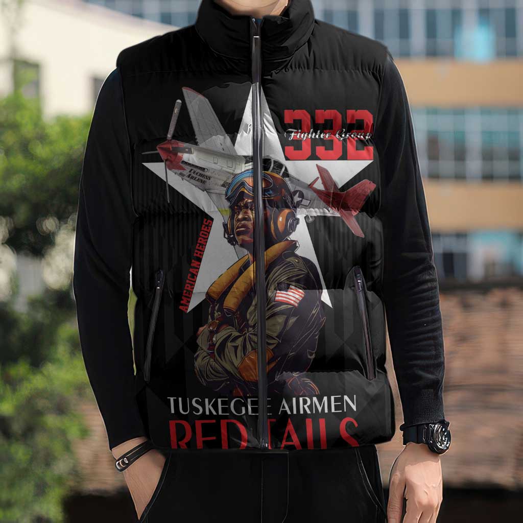 Tuskegee Airmen Red Tails Sleeveless Puffer Jacket African American Pilots Heritage Black Style - Wonder Print Shop