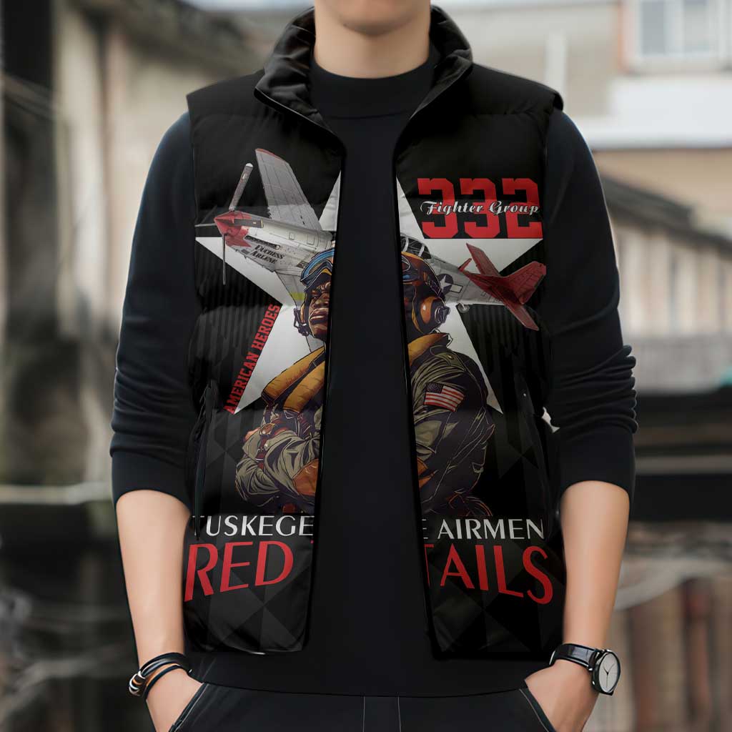 Tuskegee Airmen Red Tails Sleeveless Puffer Jacket African American Pilots Heritage Black Style - Wonder Print Shop
