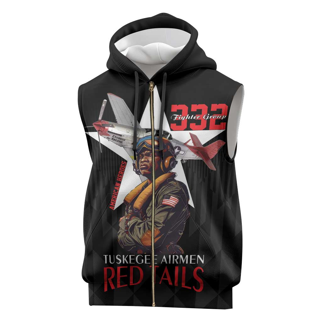 Tuskegee Airmen Red Tails Sleeveless Zip Hoodie African American Pilots Heritage Black Style - Wonder Print Shop