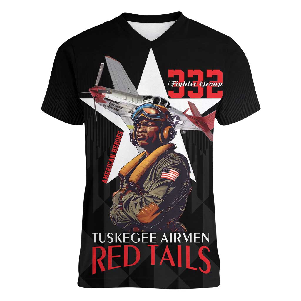 Tuskegee Airmen Red Tails Women V-Neck T-Shirt African American Pilots Heritage Black Style - Wonder Print Shop
