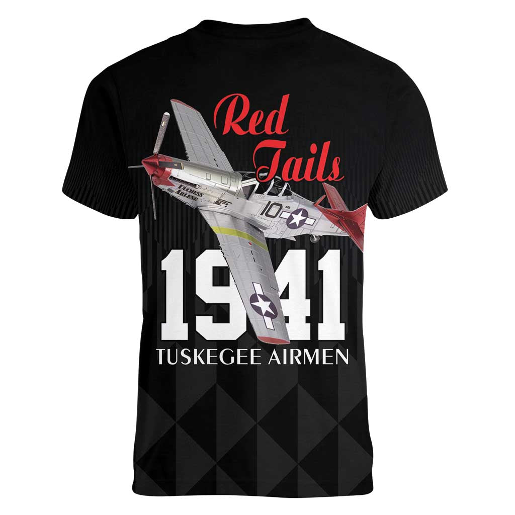 Tuskegee Airmen Red Tails Women V-Neck T-Shirt African American Pilots Heritage Black Style - Wonder Print Shop