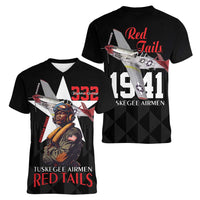 Tuskegee Airmen Red Tails Women V-Neck T-Shirt African American Pilots Heritage Black Style - Wonder Print Shop