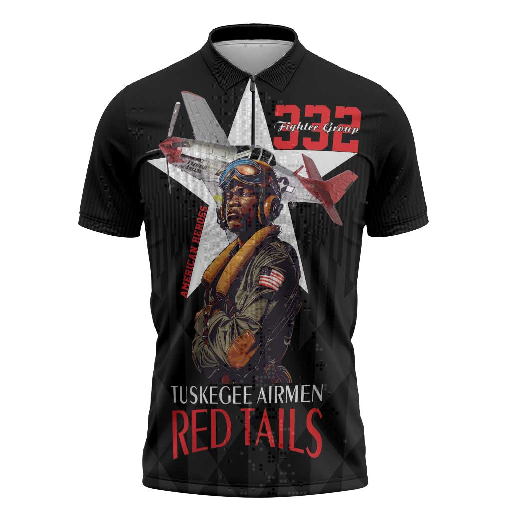 Tuskegee Airmen Red Tails Zipper Polo Shirt African American Pilots Heritage Black Style - Wonder Print Shop
