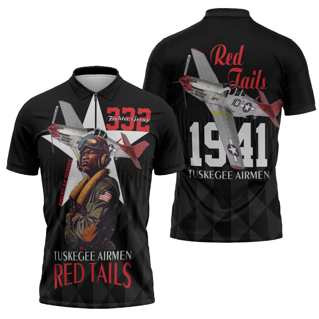 Tuskegee Airmen Red Tails Zipper Polo Shirt African American Pilots Heritage Black Style - Wonder Print Shop