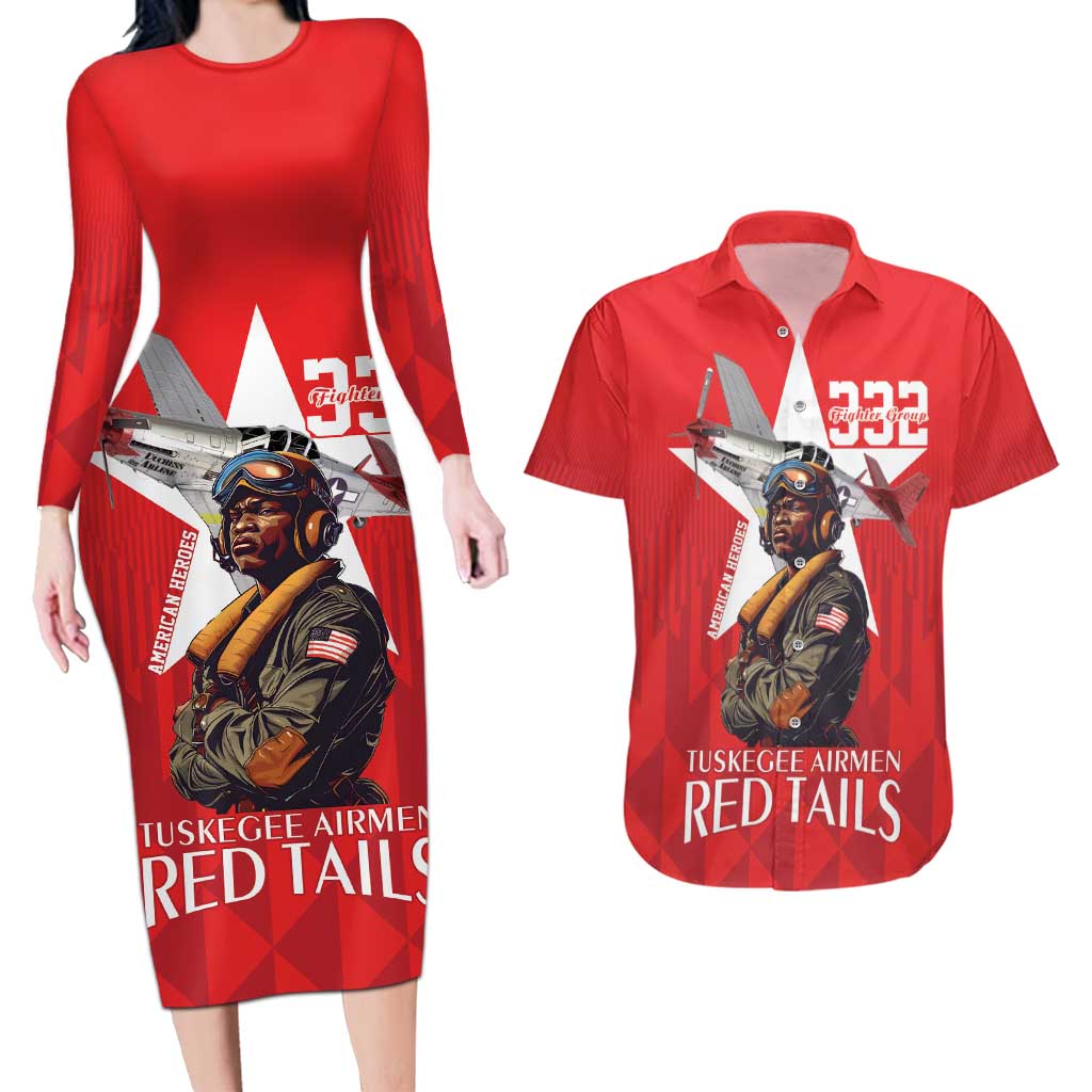 Tuskegee Airmen Red Tails Couples Matching Long Sleeve Bodycon Dress and Hawaiian Shirt African American Pilots Heritage Red Style - Wonder Print Shop