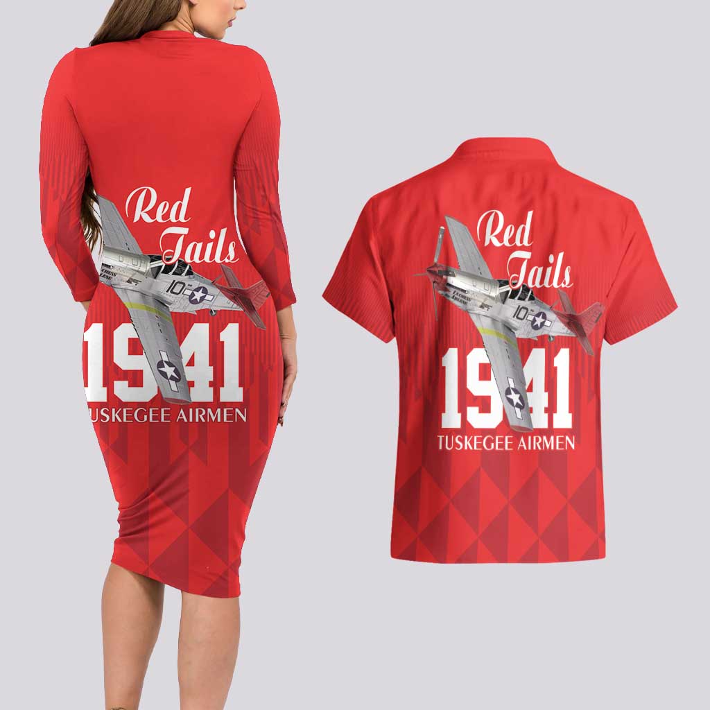 Tuskegee Airmen Red Tails Couples Matching Long Sleeve Bodycon Dress and Hawaiian Shirt African American Pilots Heritage Red Style - Wonder Print Shop