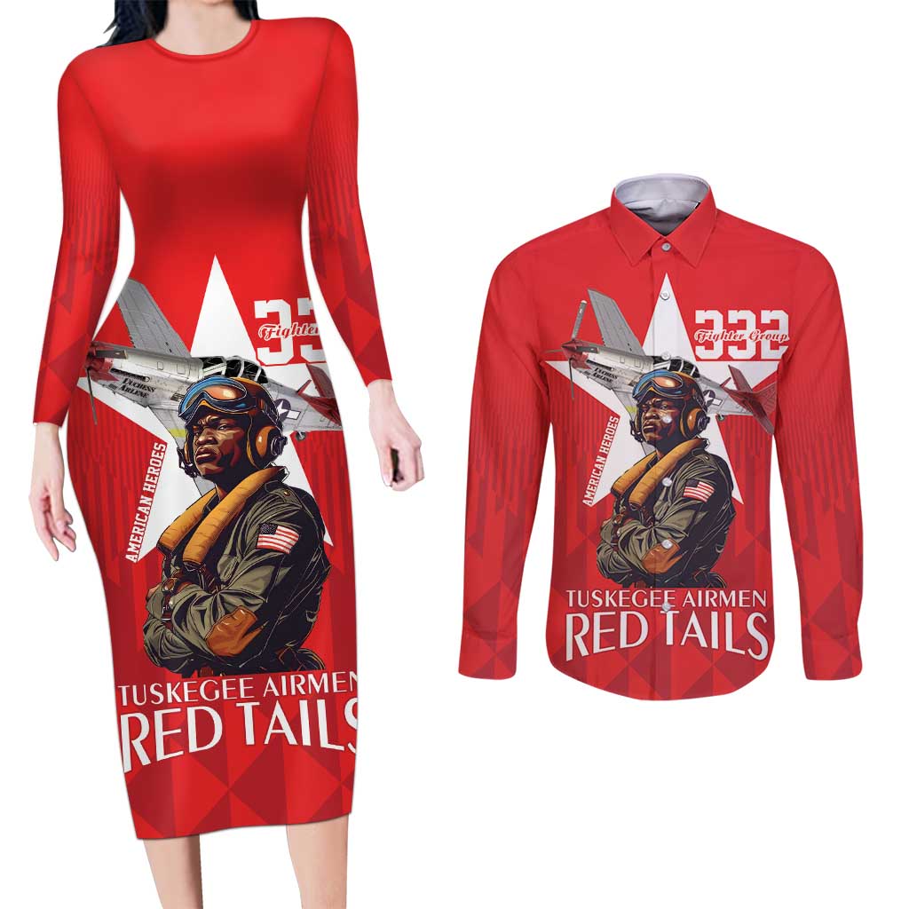 Tuskegee Airmen Red Tails Couples Matching Long Sleeve Bodycon Dress and Long Sleeve Button Shirt African American Pilots Heritage Red Style - Wonder Print Shop