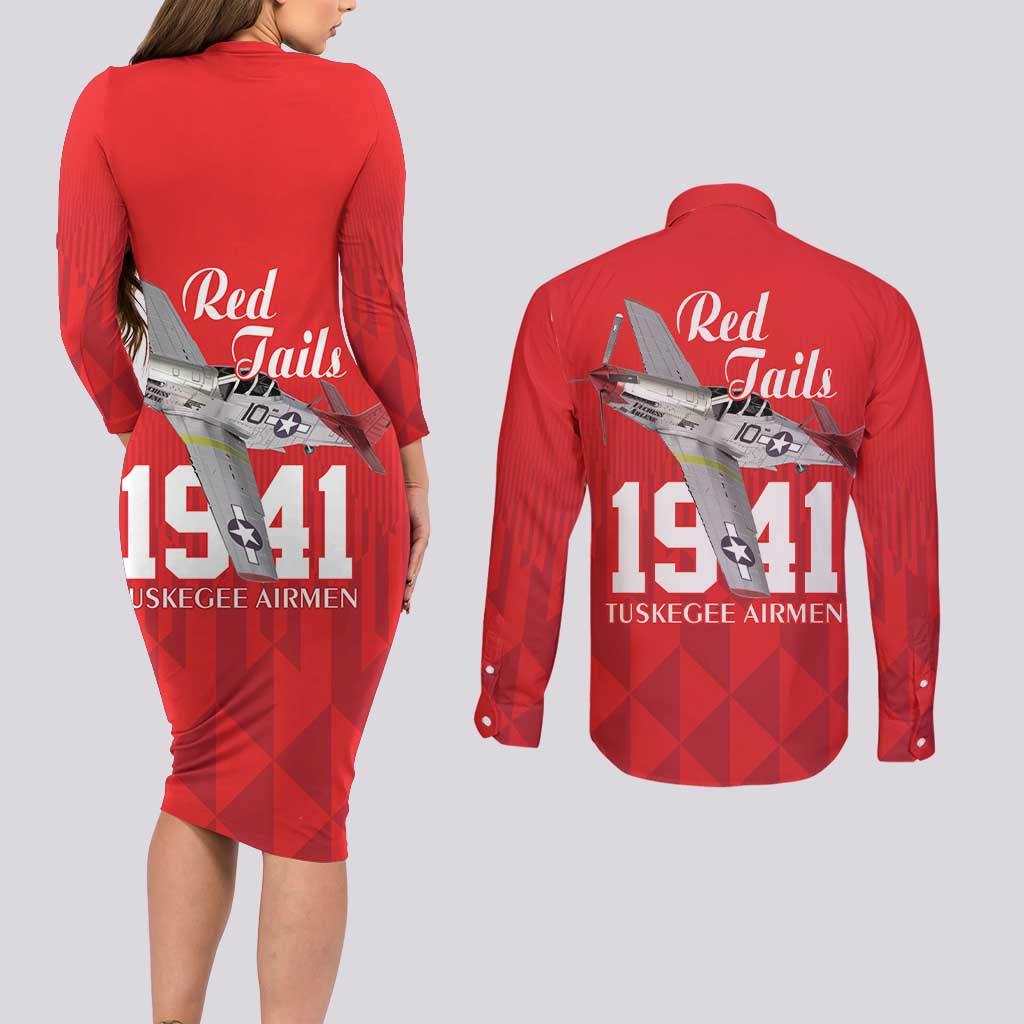 Tuskegee Airmen Red Tails Couples Matching Long Sleeve Bodycon Dress and Long Sleeve Button Shirt African American Pilots Heritage Red Style - Wonder Print Shop