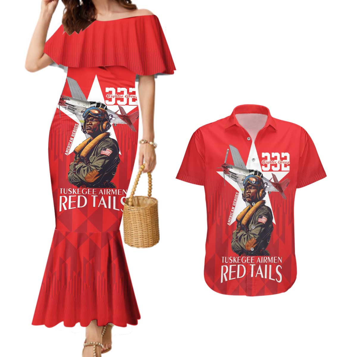 Tuskegee Airmen Red Tails Couples Matching Mermaid Dress and Hawaiian Shirt African American Pilots Heritage Red Style - Wonder Print Shop