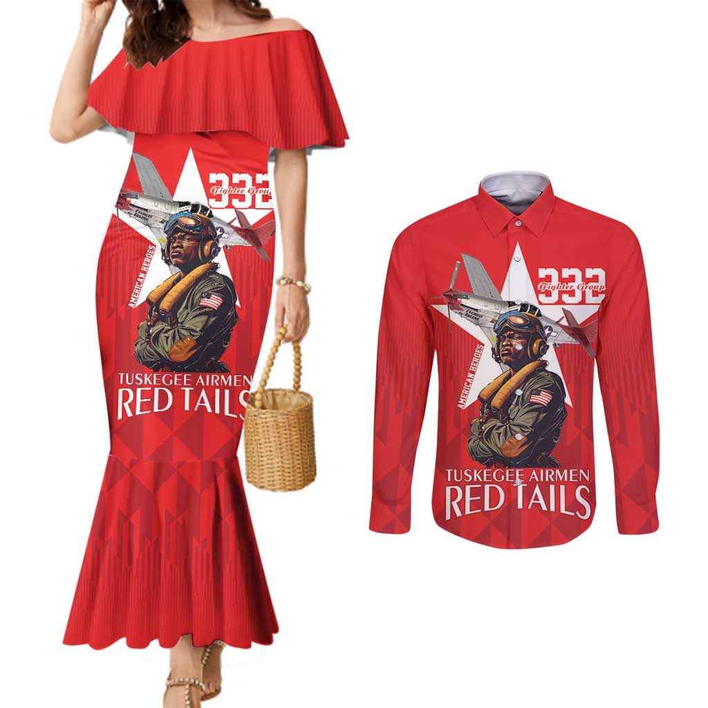 Tuskegee Airmen Red Tails Couples Matching Mermaid Dress and Long Sleeve Button Shirt African American Pilots Heritage Red Style - Wonder Print Shop