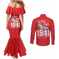 Tuskegee Airmen Red Tails Couples Matching Mermaid Dress and Long Sleeve Button Shirt African American Pilots Heritage Red Style - Wonder Print Shop