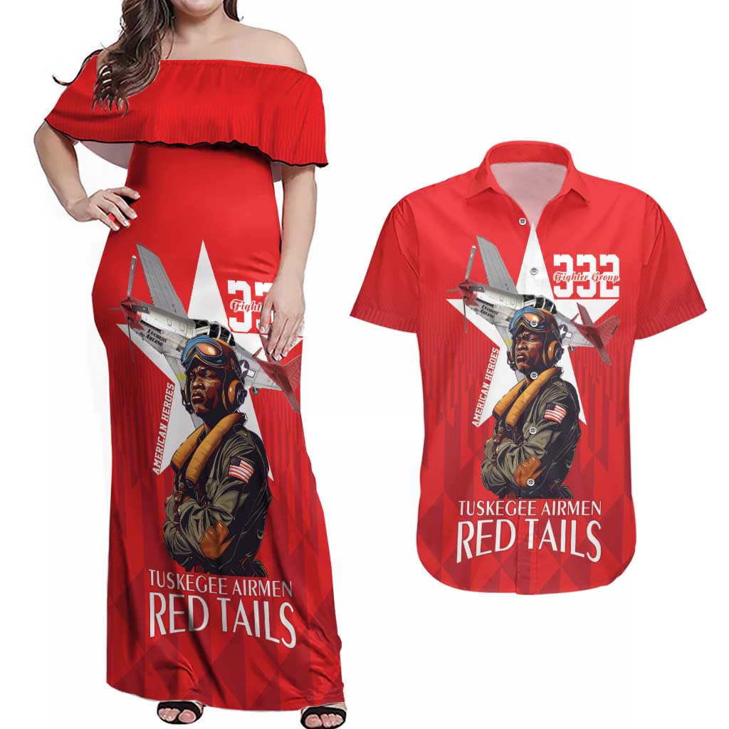 Tuskegee Airmen Red Tails Couples Matching Off Shoulder Maxi Dress and Hawaiian Shirt African American Pilots Heritage Red Style - Wonder Print Shop