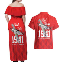 Tuskegee Airmen Red Tails Couples Matching Off Shoulder Maxi Dress and Hawaiian Shirt African American Pilots Heritage Red Style - Wonder Print Shop