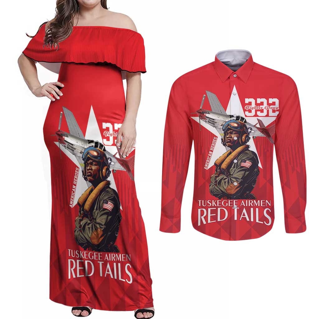 Tuskegee Airmen Red Tails Couples Matching Off Shoulder Maxi Dress and Long Sleeve Button Shirt African American Pilots Heritage Red Style - Wonder Print Shop