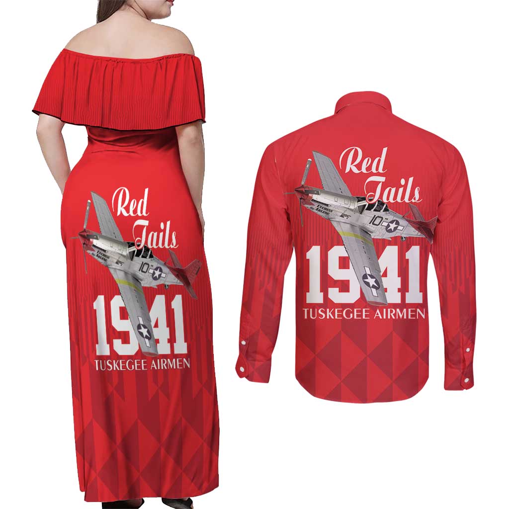 Tuskegee Airmen Red Tails Couples Matching Off Shoulder Maxi Dress and Long Sleeve Button Shirt African American Pilots Heritage Red Style - Wonder Print Shop