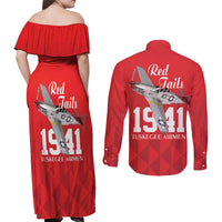 Tuskegee Airmen Red Tails Couples Matching Off Shoulder Maxi Dress and Long Sleeve Button Shirt African American Pilots Heritage Red Style - Wonder Print Shop