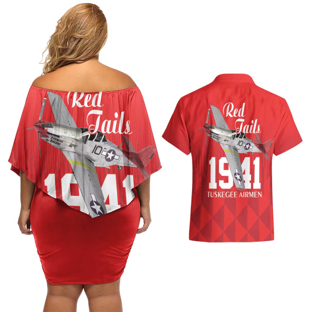 Tuskegee Airmen Red Tails Couples Matching Off Shoulder Short Dress and Hawaiian Shirt African American Pilots Heritage Red Style - Wonder Print Shop