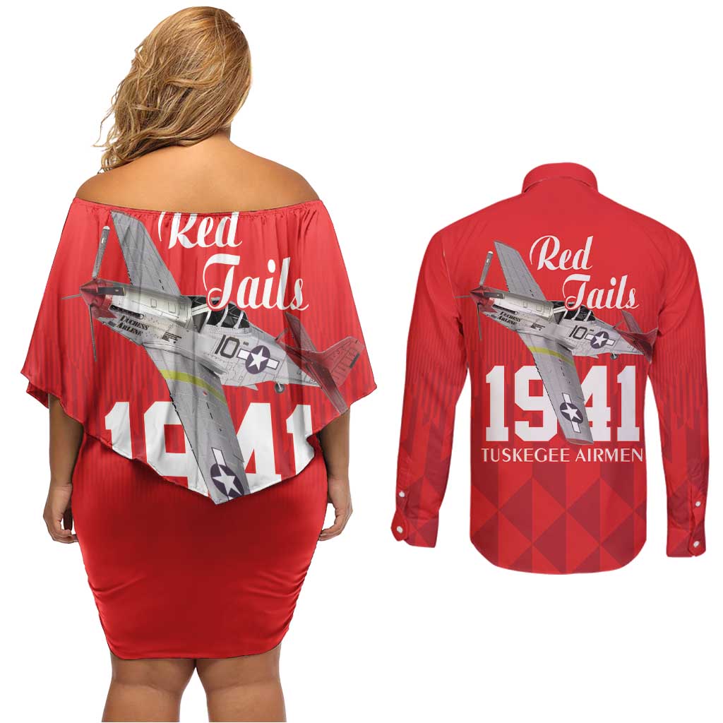Tuskegee Airmen Red Tails Couples Matching Off Shoulder Short Dress and Long Sleeve Button Shirt African American Pilots Heritage Red Style - Wonder Print Shop