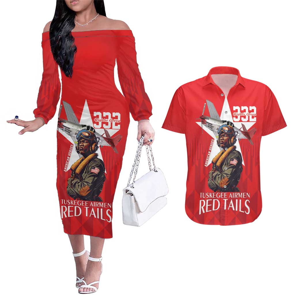 Tuskegee Airmen Red Tails Couples Matching Off The Shoulder Long Sleeve Dress and Hawaiian Shirt African American Pilots Heritage Red Style - Wonder Print Shop