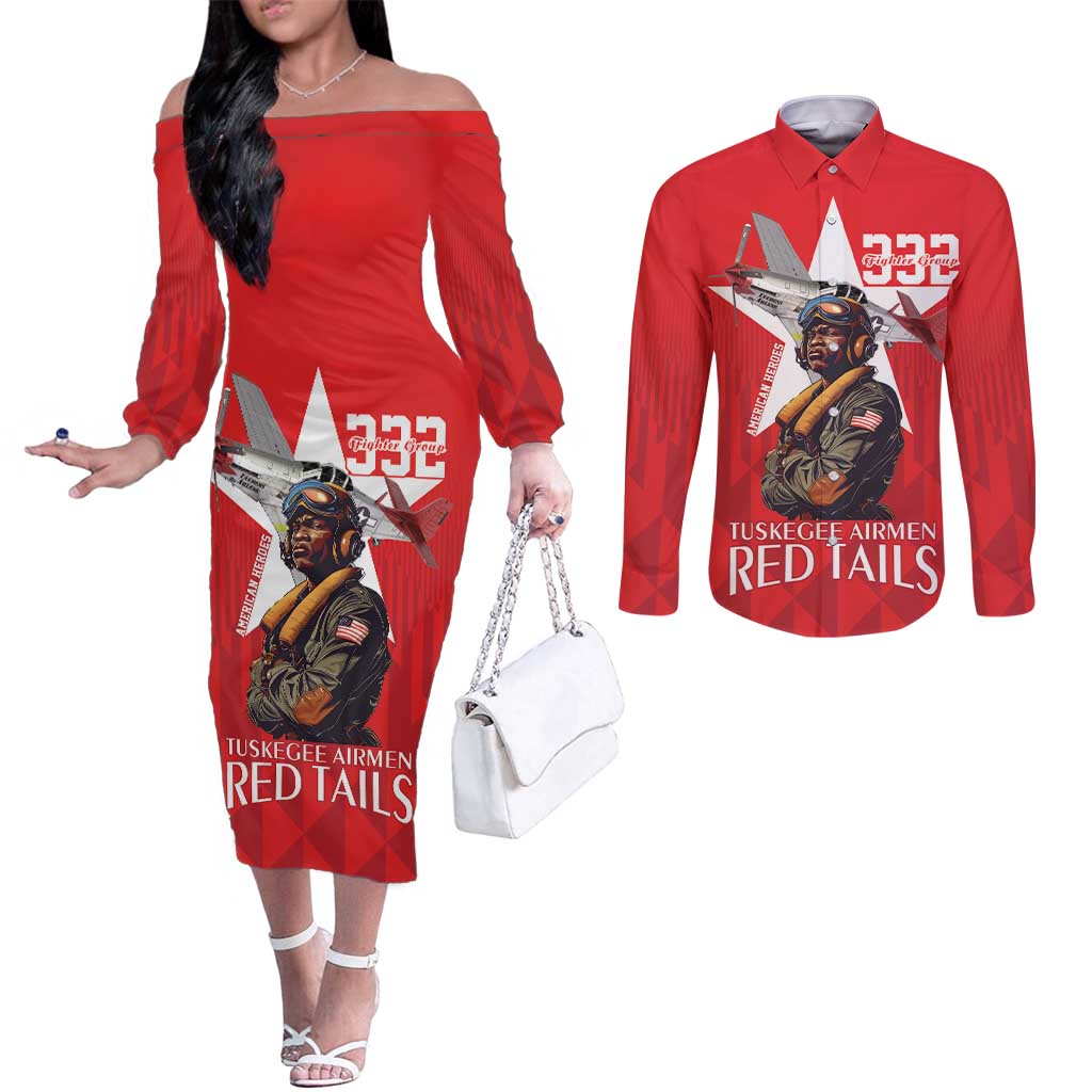 Tuskegee Airmen Red Tails Couples Matching Off The Shoulder Long Sleeve Dress and Long Sleeve Button Shirt African American Pilots Heritage Red Style - Wonder Print Shop