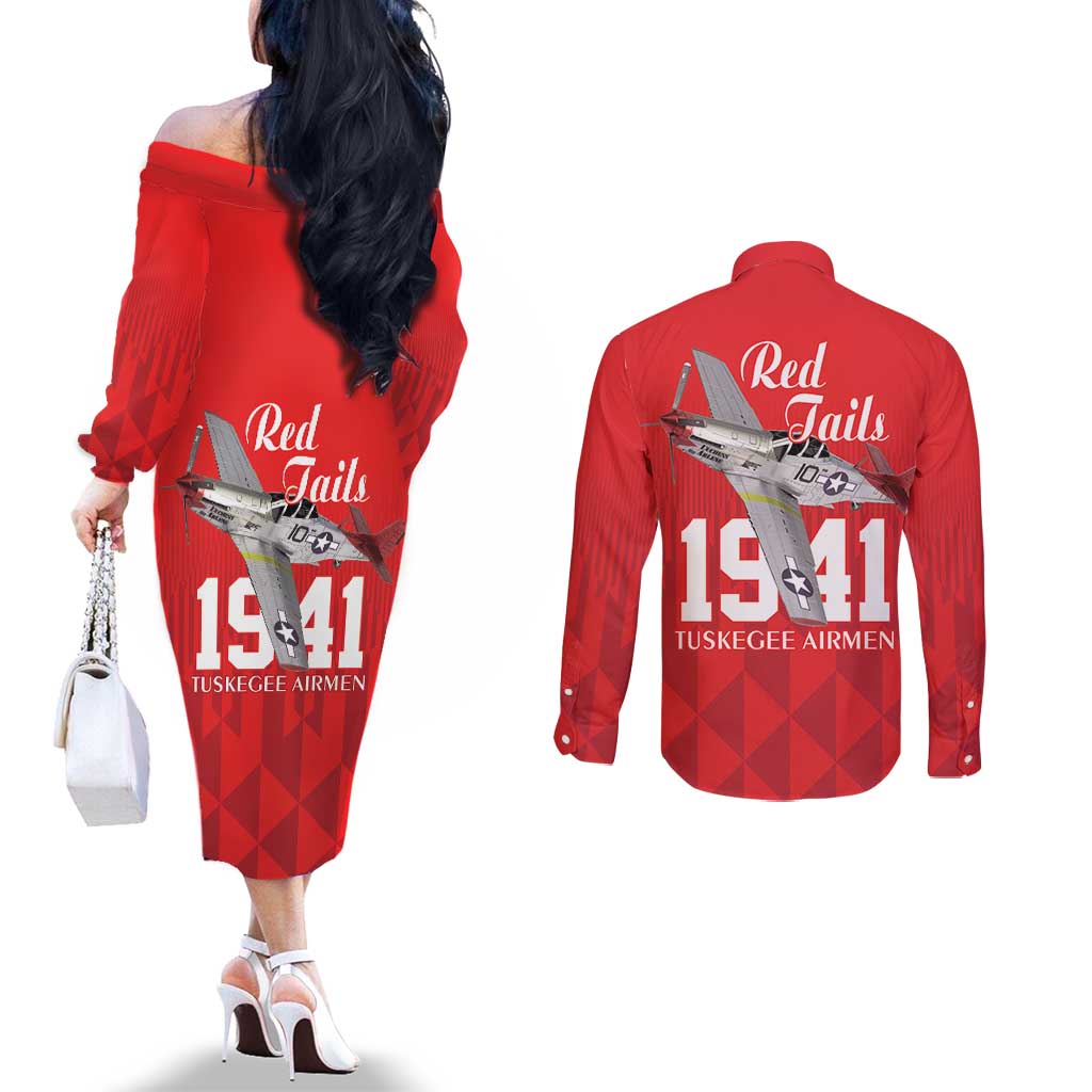 Tuskegee Airmen Red Tails Couples Matching Off The Shoulder Long Sleeve Dress and Long Sleeve Button Shirt African American Pilots Heritage Red Style - Wonder Print Shop