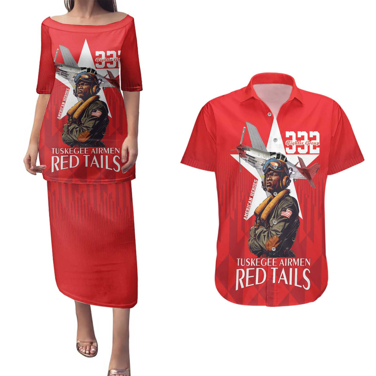 Tuskegee Airmen Red Tails Couples Matching Puletasi and Hawaiian Shirt African American Pilots Heritage Red Style - Wonder Print Shop