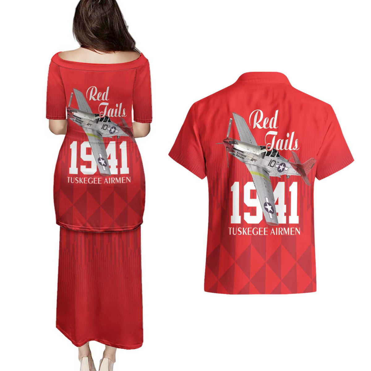 Tuskegee Airmen Red Tails Couples Matching Puletasi and Hawaiian Shirt African American Pilots Heritage Red Style - Wonder Print Shop