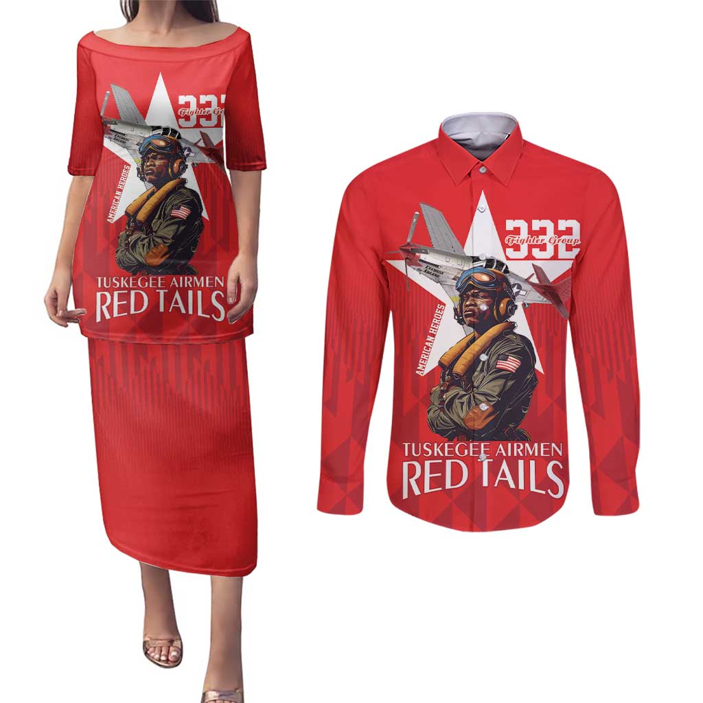 Tuskegee Airmen Red Tails Couples Matching Puletasi and Long Sleeve Button Shirt African American Pilots Heritage Red Style - Wonder Print Shop