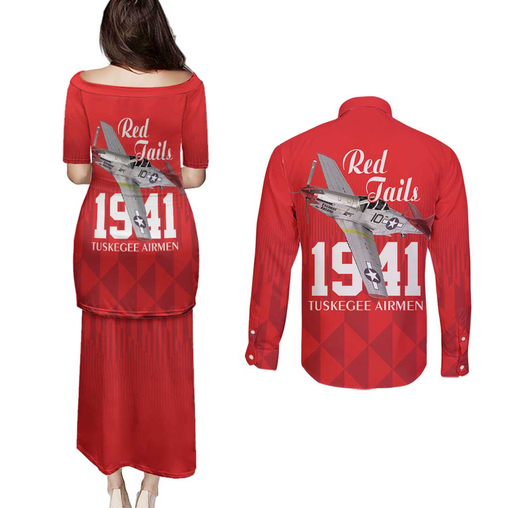 Tuskegee Airmen Red Tails Couples Matching Puletasi and Long Sleeve Button Shirt African American Pilots Heritage Red Style - Wonder Print Shop