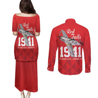 Tuskegee Airmen Red Tails Couples Matching Puletasi and Long Sleeve Button Shirt African American Pilots Heritage Red Style - Wonder Print Shop