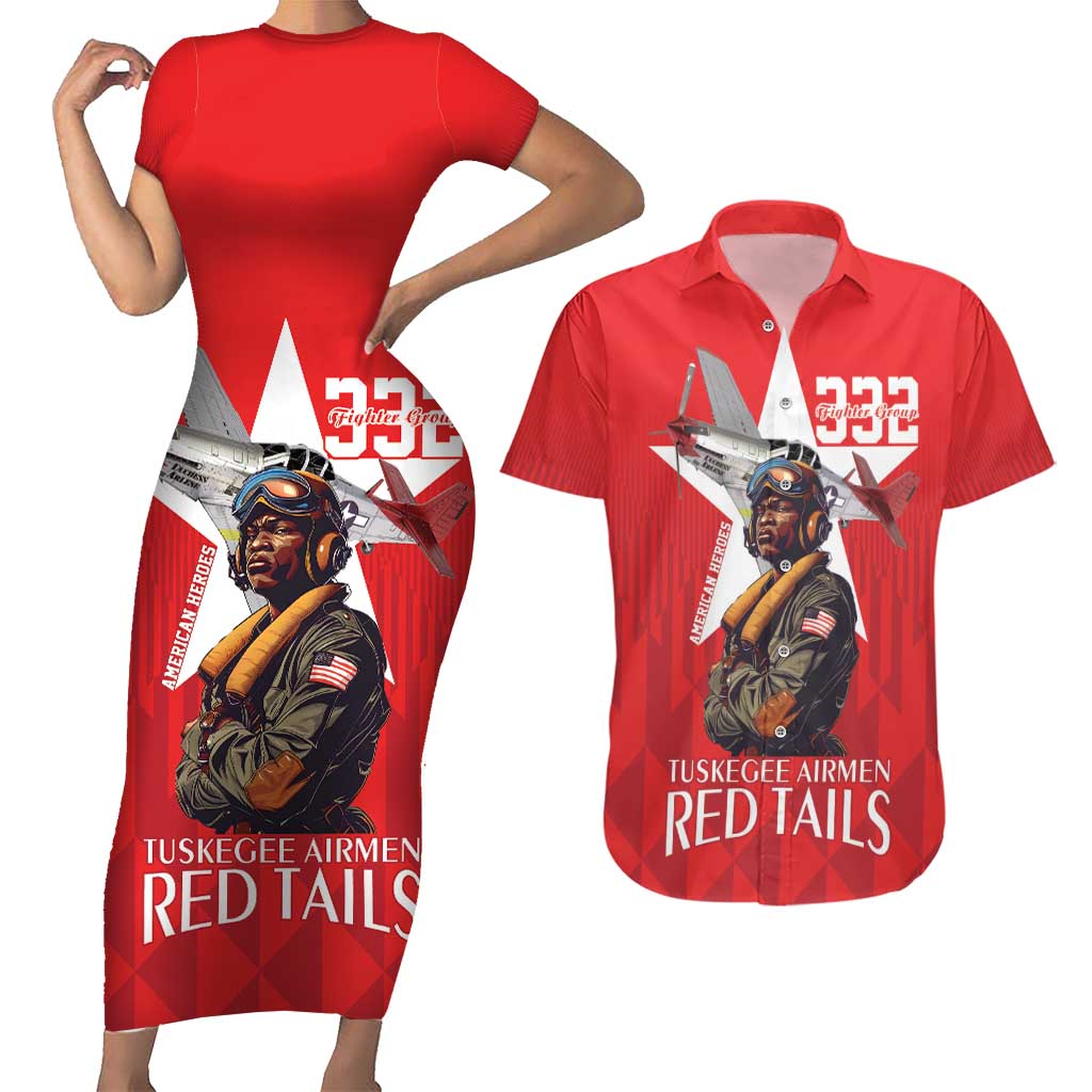 Tuskegee Airmen Red Tails Couples Matching Short Sleeve Bodycon Dress and Hawaiian Shirt African American Pilots Heritage Red Style - Wonder Print Shop