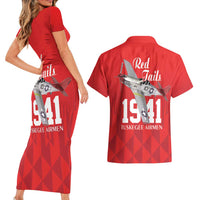 Tuskegee Airmen Red Tails Couples Matching Short Sleeve Bodycon Dress and Hawaiian Shirt African American Pilots Heritage Red Style - Wonder Print Shop