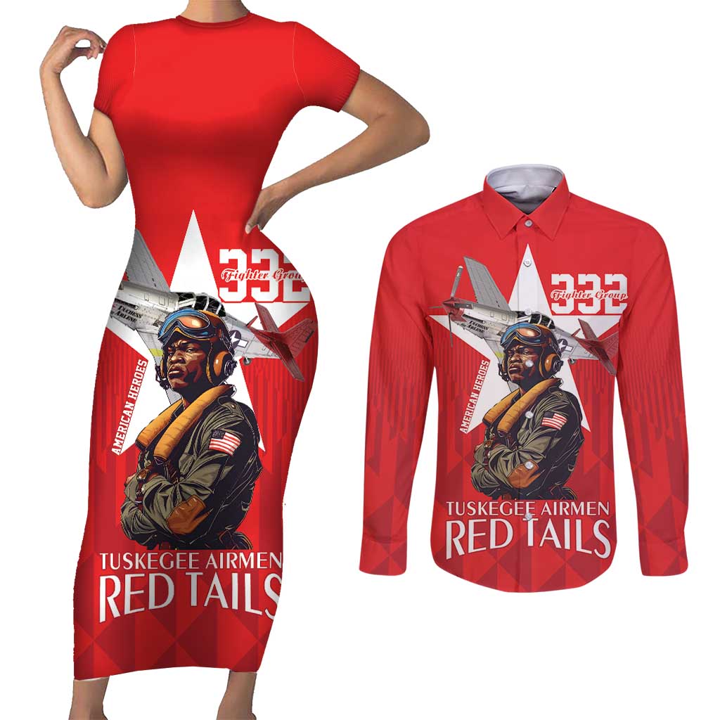 Tuskegee Airmen Red Tails Couples Matching Short Sleeve Bodycon Dress and Long Sleeve Button Shirt African American Pilots Heritage Red Style - Wonder Print Shop